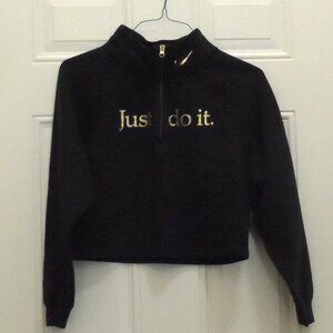 Nike Just Do It Black Half-Zip Sweatshirt Gold Text Crop Style Pullover -size XS